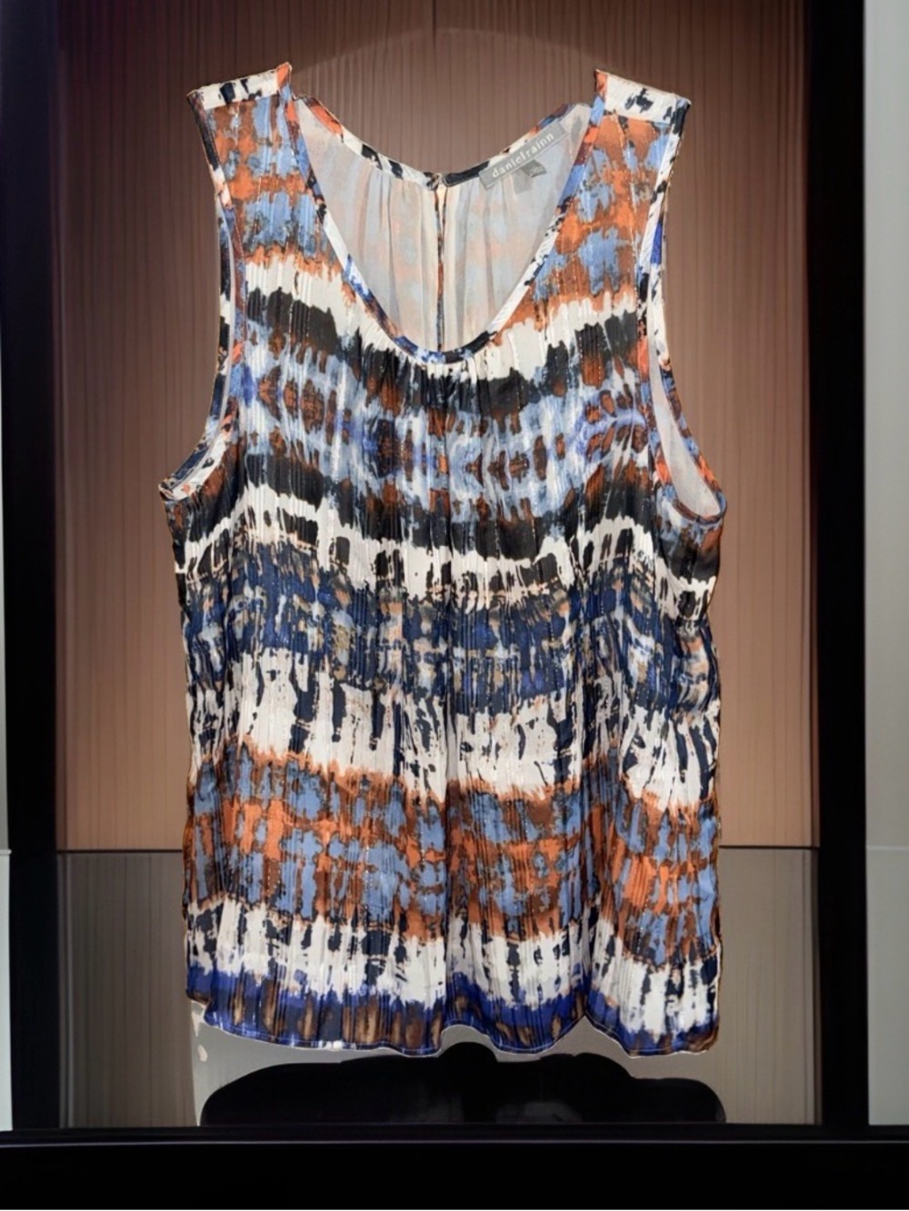 Daniel Rainn Blue, Orange, Black & White Pleated Abstract Sleeveless Top-XL-EC